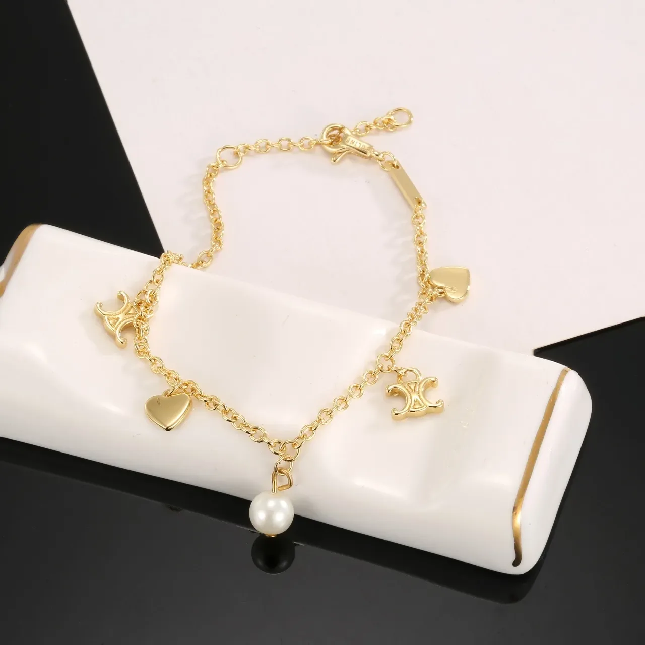 Gold White Chain Heart Charms Bracelet 7