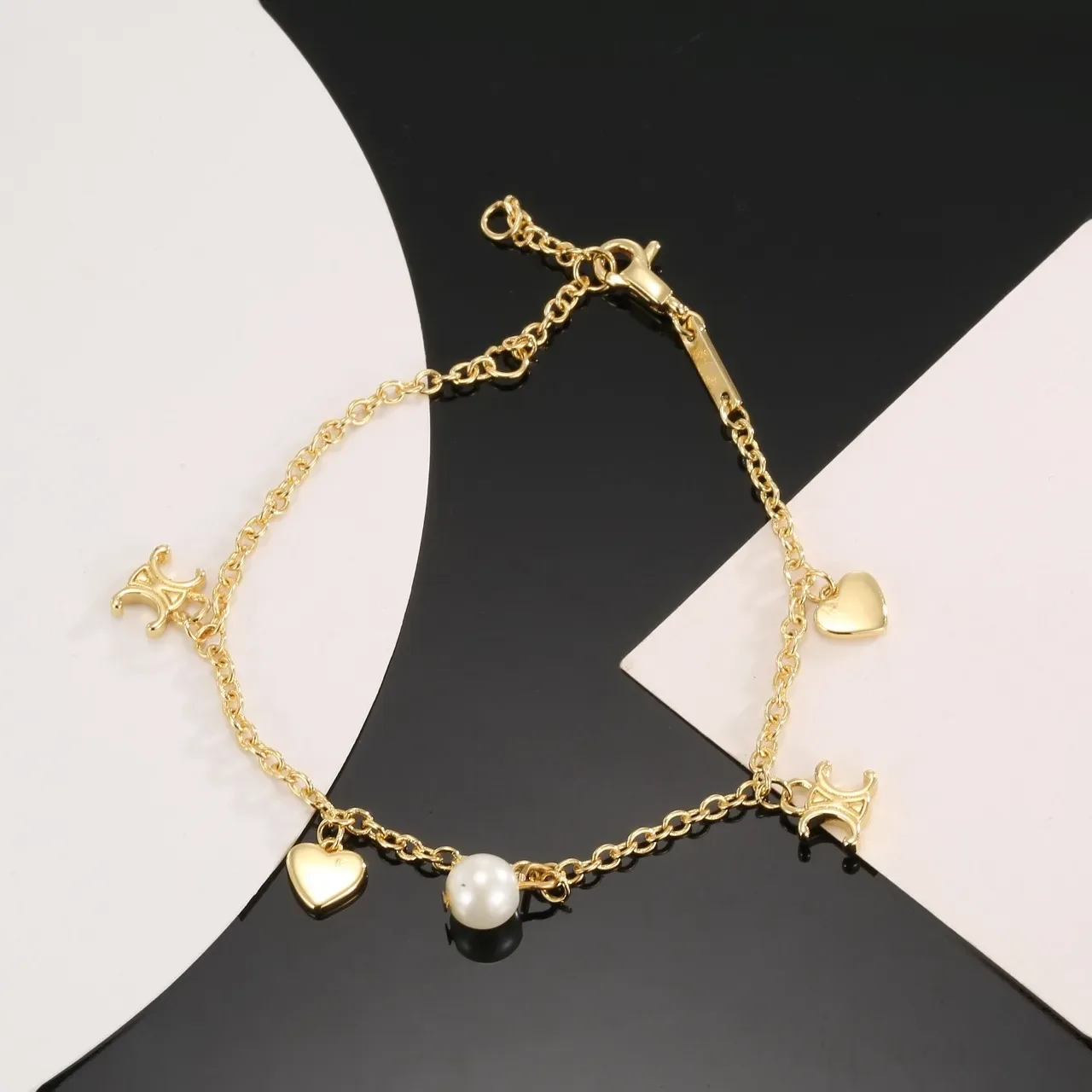 Gold White Chain Heart Charms Bracelet 8