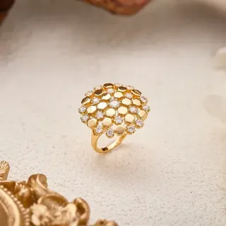 Gold White Hexagonal Honeycomb Motif Pavé-Set Clear Stones Ring