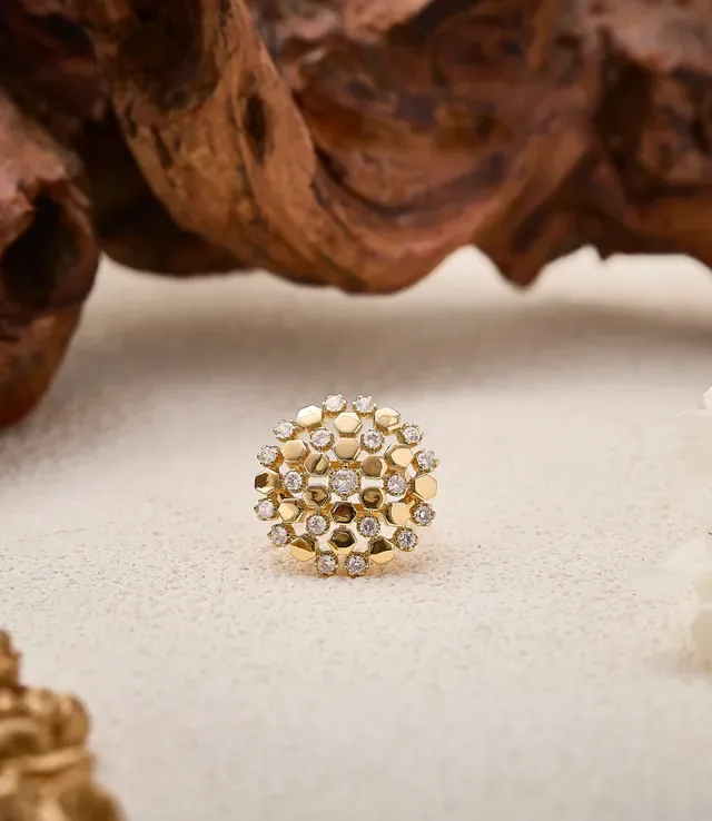 Gold White Hexagonal Honeycomb Motif Pavé-Set Clear Stones Ring 2
