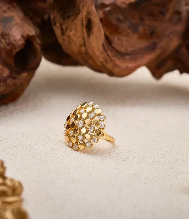 Gold White Hexagonal Honeycomb Motif Pavé-Set Clear Stones Ring 3