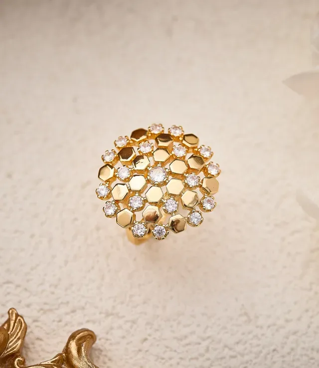 Gold White Hexagonal Honeycomb Motif Pavé-Set Clear Stones Ring 6