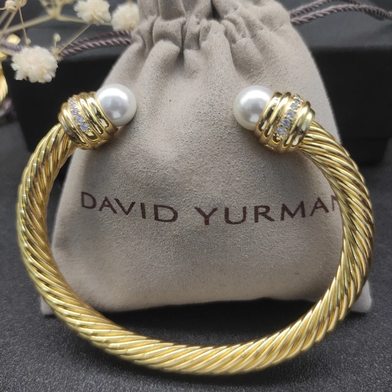 Gold White Twisted Rope Cable Pearl-Terminal Bracelet 2