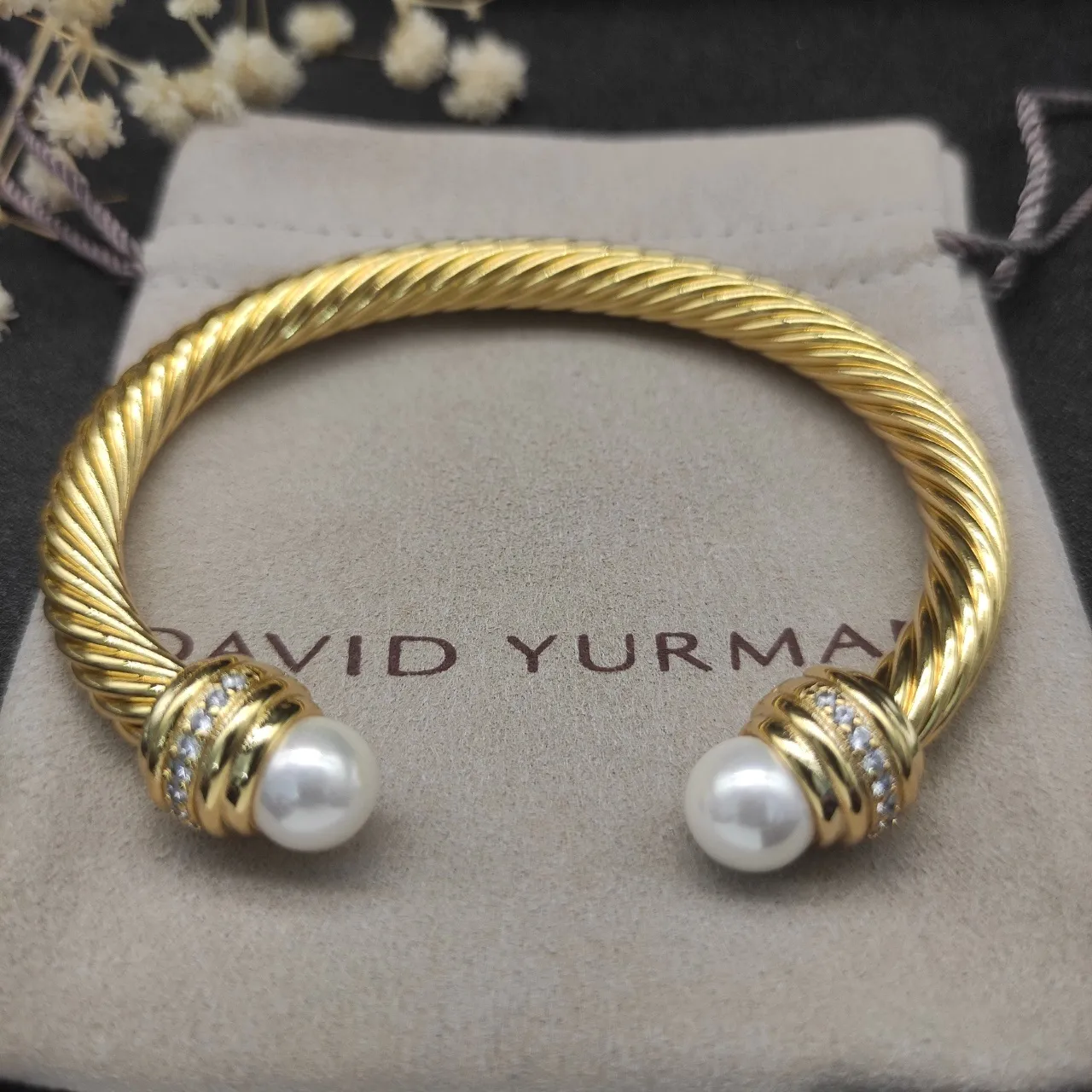 Gold White Twisted Rope Cable Pearl-Terminal Bracelet 3