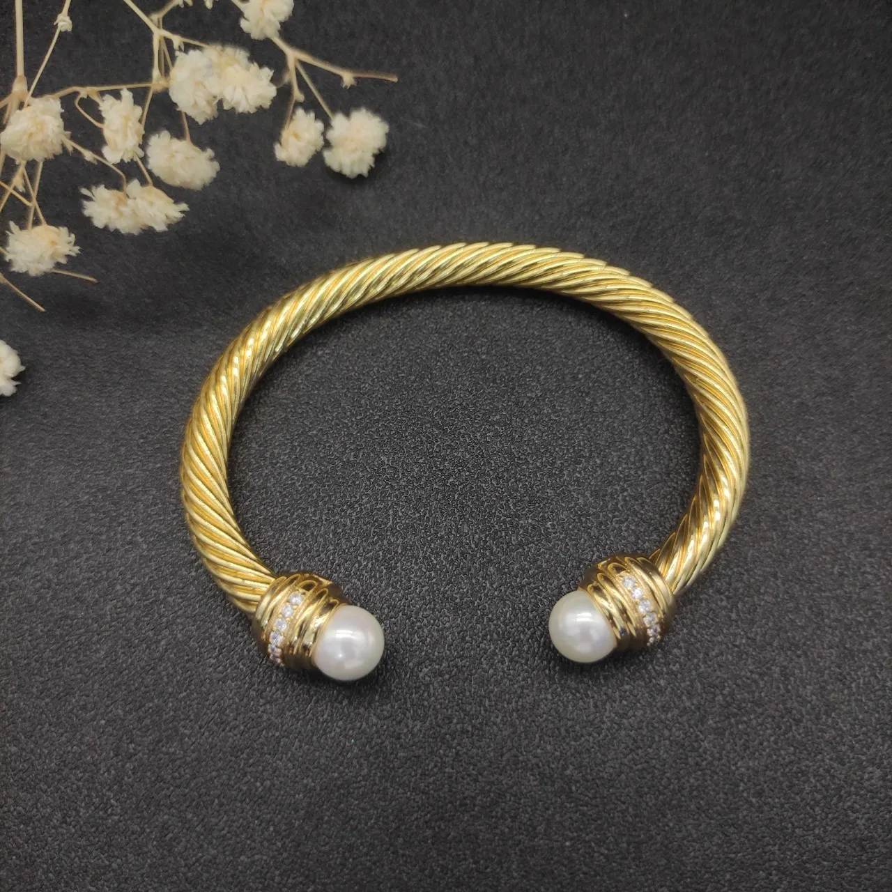 Gold White Twisted Rope Cable Pearl-Terminal Bracelet 4