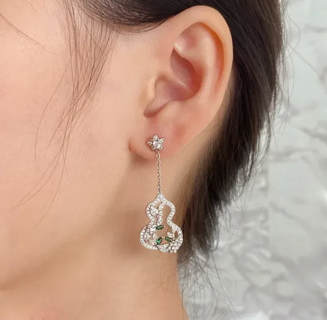 Gourd-Shaped Pavé Floral Vine Drop Earrings 9