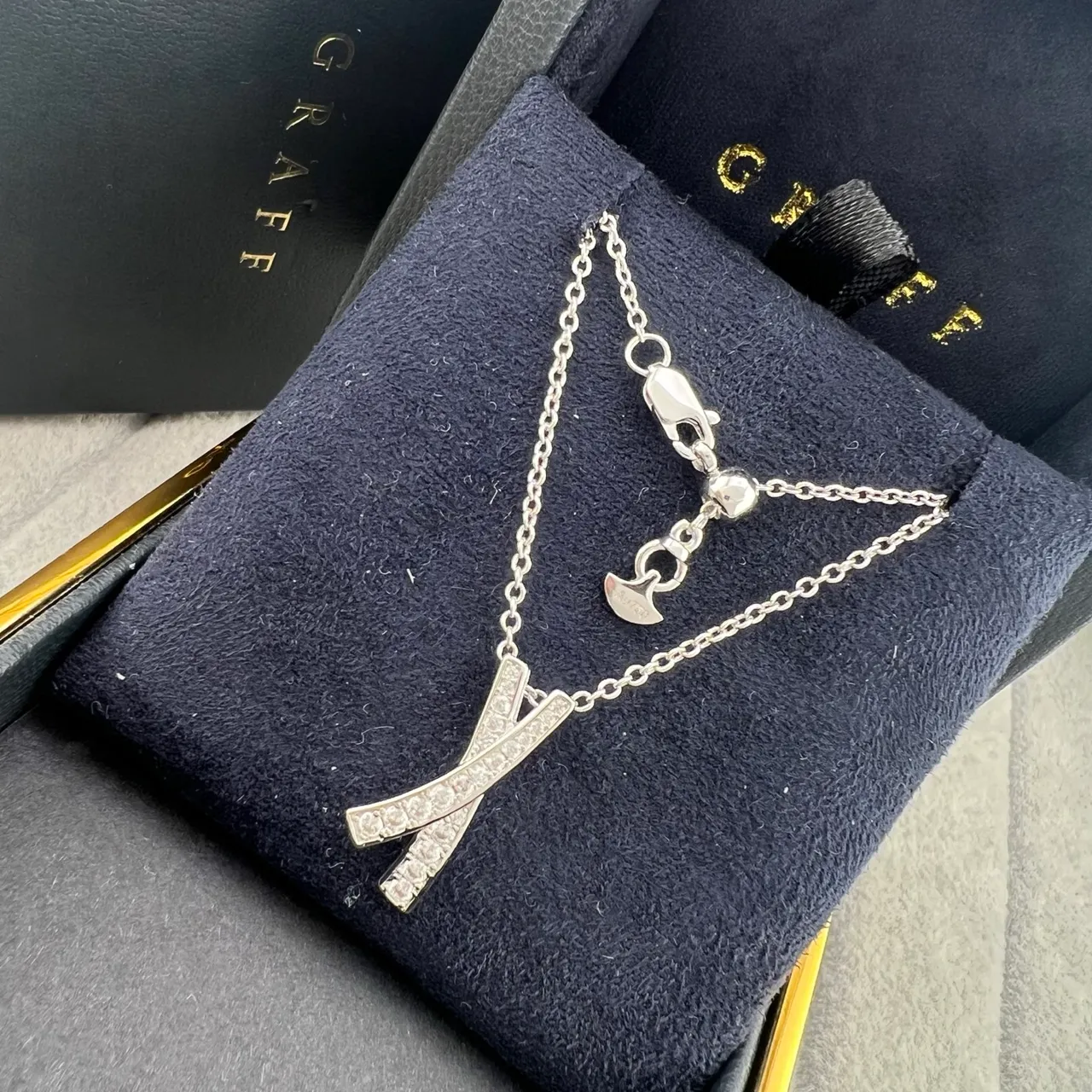 Graff Ouro Prata Pingente em forma de X dupla barra Pavé-Set pedras claras colar 4