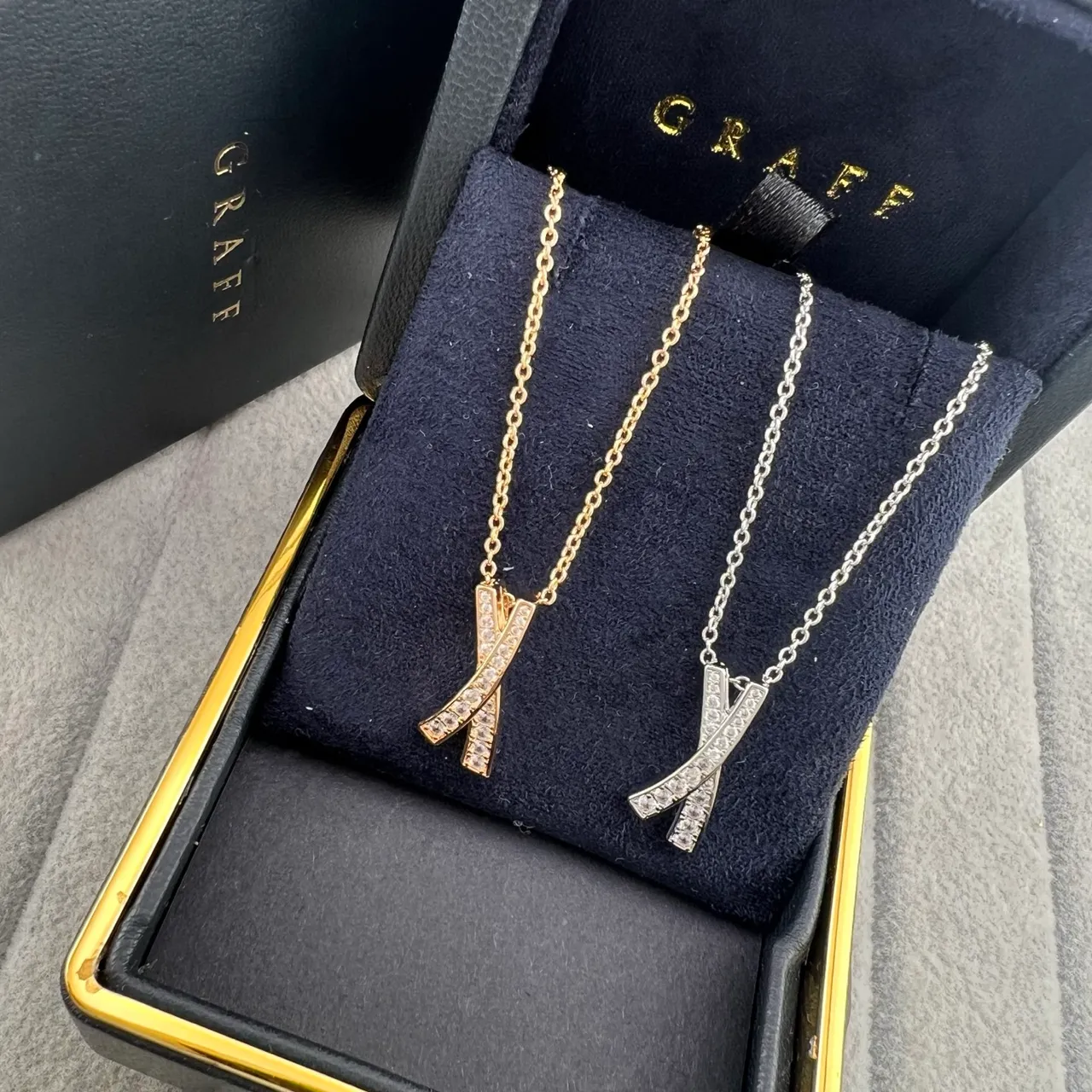 Graff Ouro Prata Pingente em forma de X dupla barra Pavé-Set pedras claras colar 5