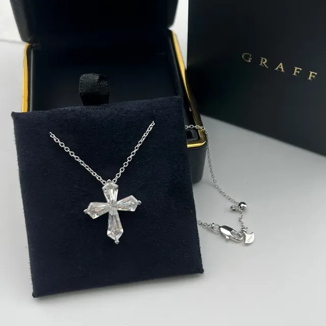 Graff Silver Black Cross-Shaped Pendant Baguette-Cut Stones Necklace 5