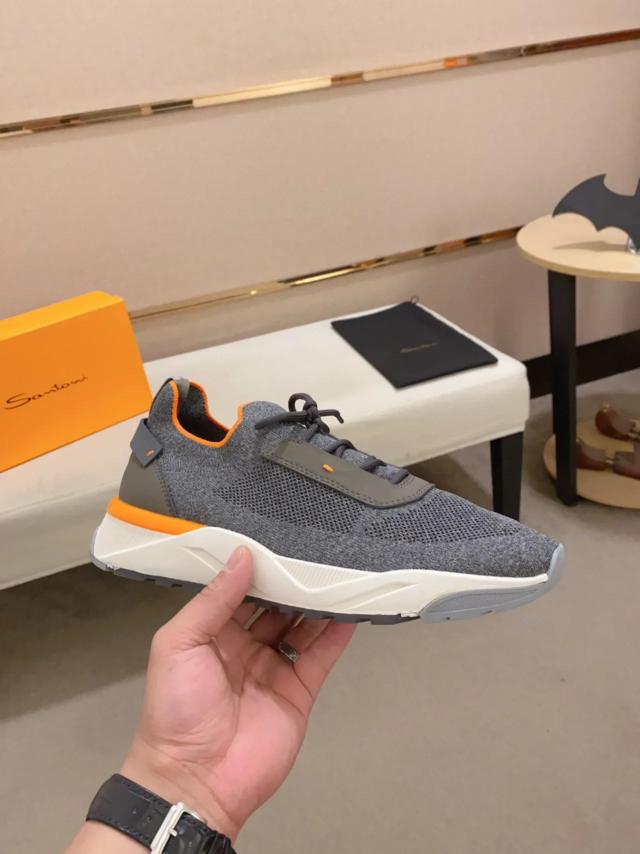 Gray and Orange Knit Upper Sculpted Midsole Sneaker 5