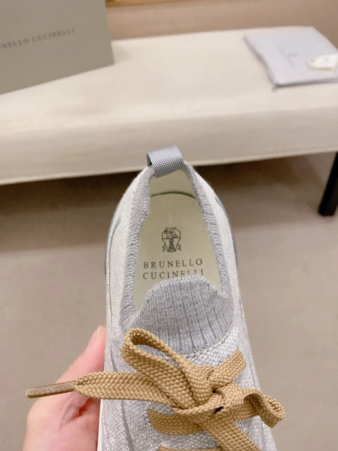 Gray Beige Knit Upper Metallic Toe Cap Sneakers 4