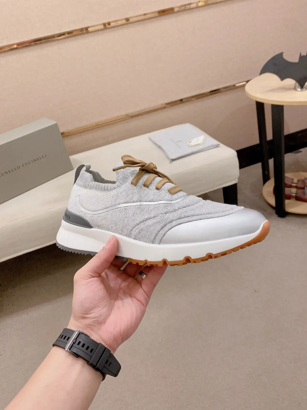 Gray Beige Knit Upper Metallic Toe Cap Sneakers 5