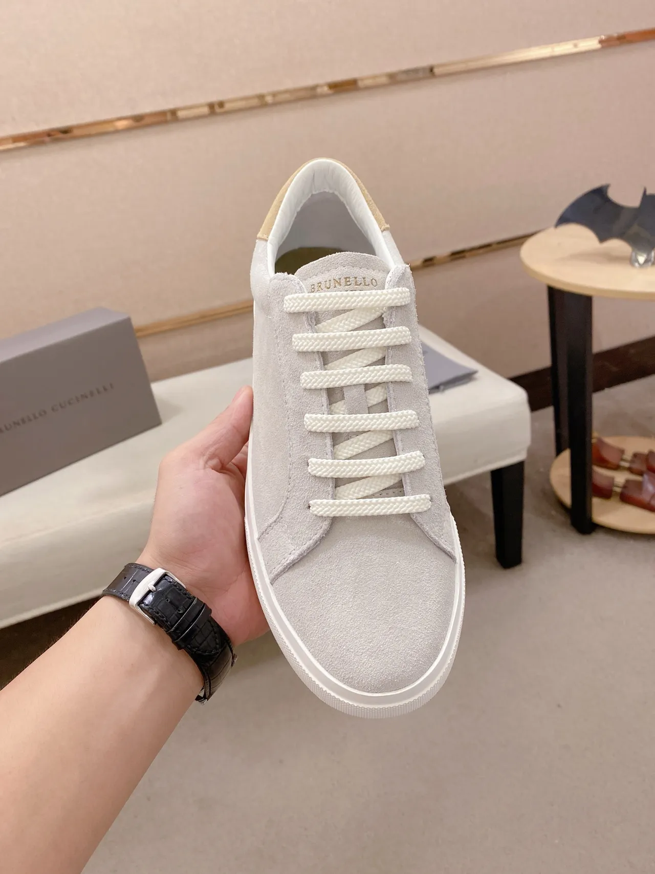 Gray Beige Suede Upper Low-Top Silhouette Sneakers 5