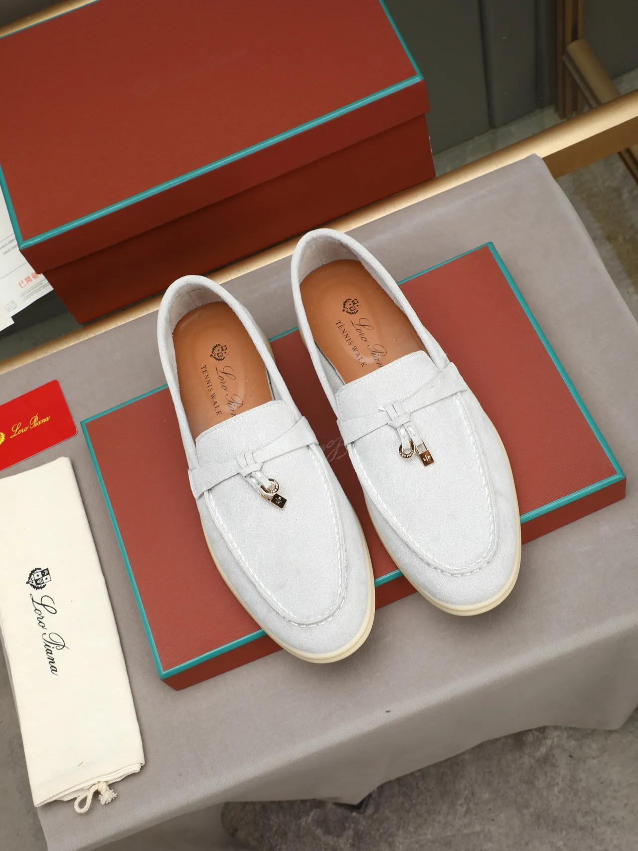 Gray Beige Suede Upper Moc-Toe Stitching Loafer 2