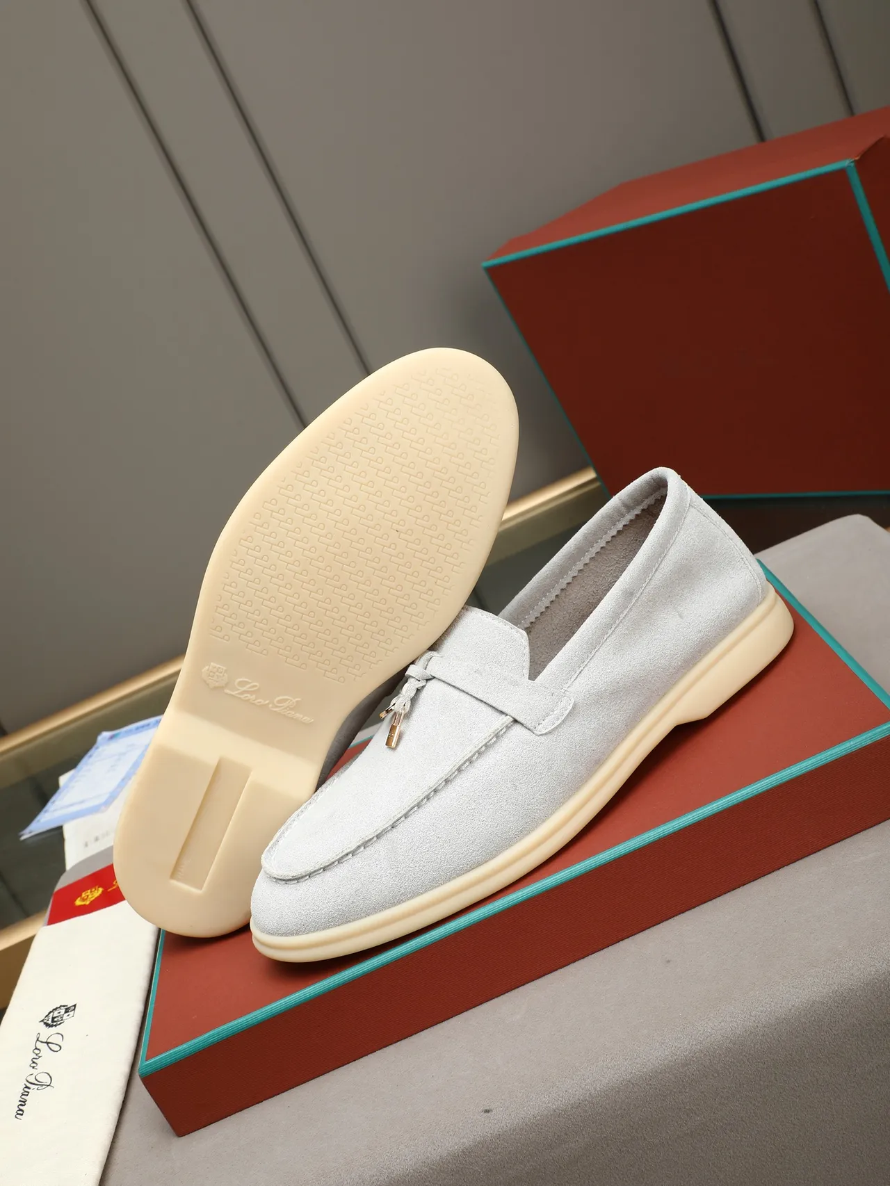 Gray Beige Suede Upper Moc-Toe Stitching Loafer 4