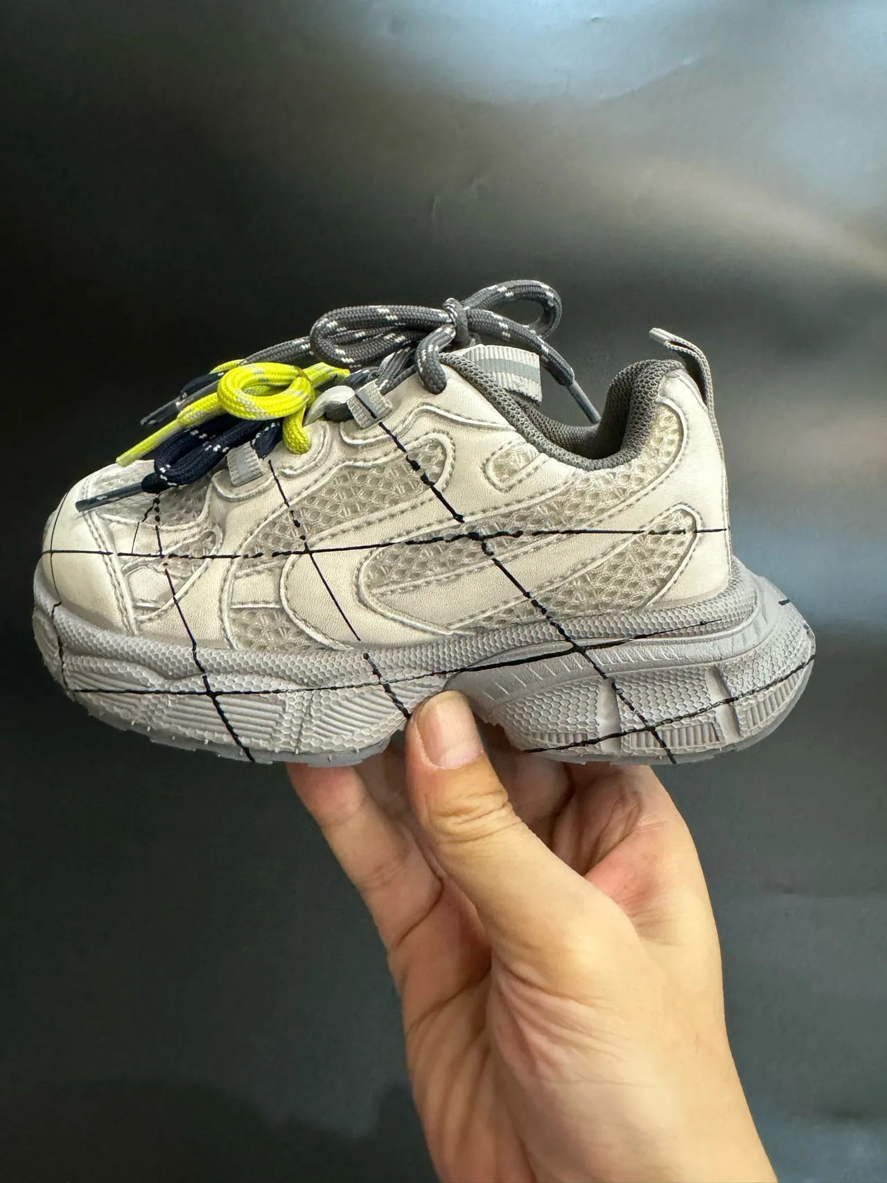 Gray Black Oversized Sole Grid-Stitched Overlay Chunky Sneakers 5