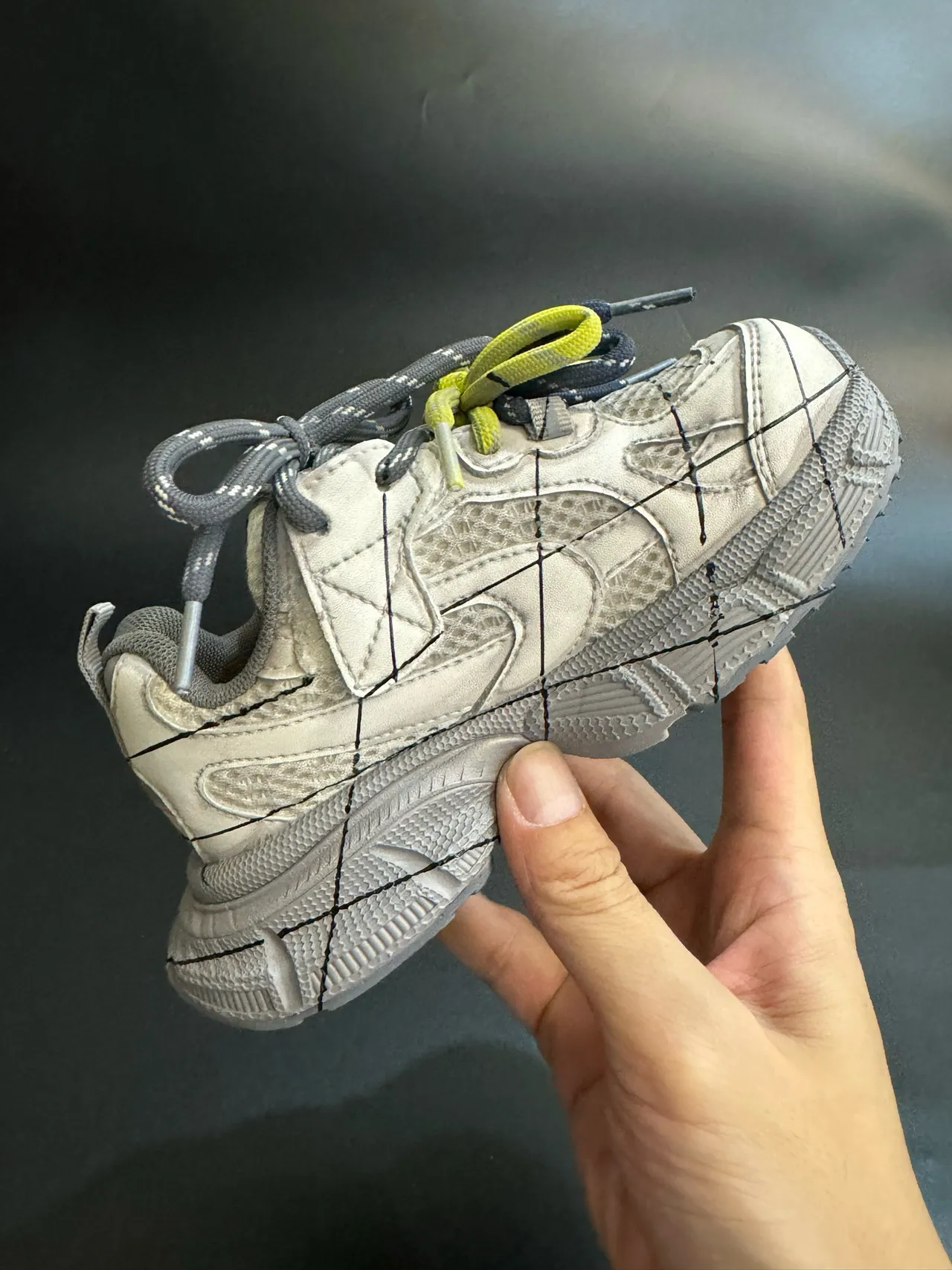 Gray Black Oversized Sole Grid-Stitched Overlay Chunky Sneakers 7