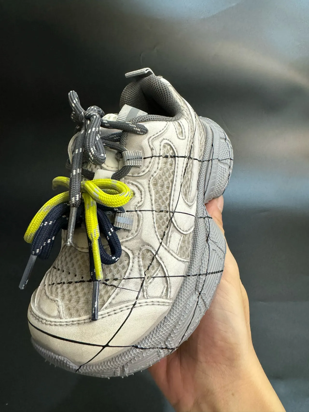Gray Black Oversized Sole Grid-Stitched Overlay Chunky Sneakers 8