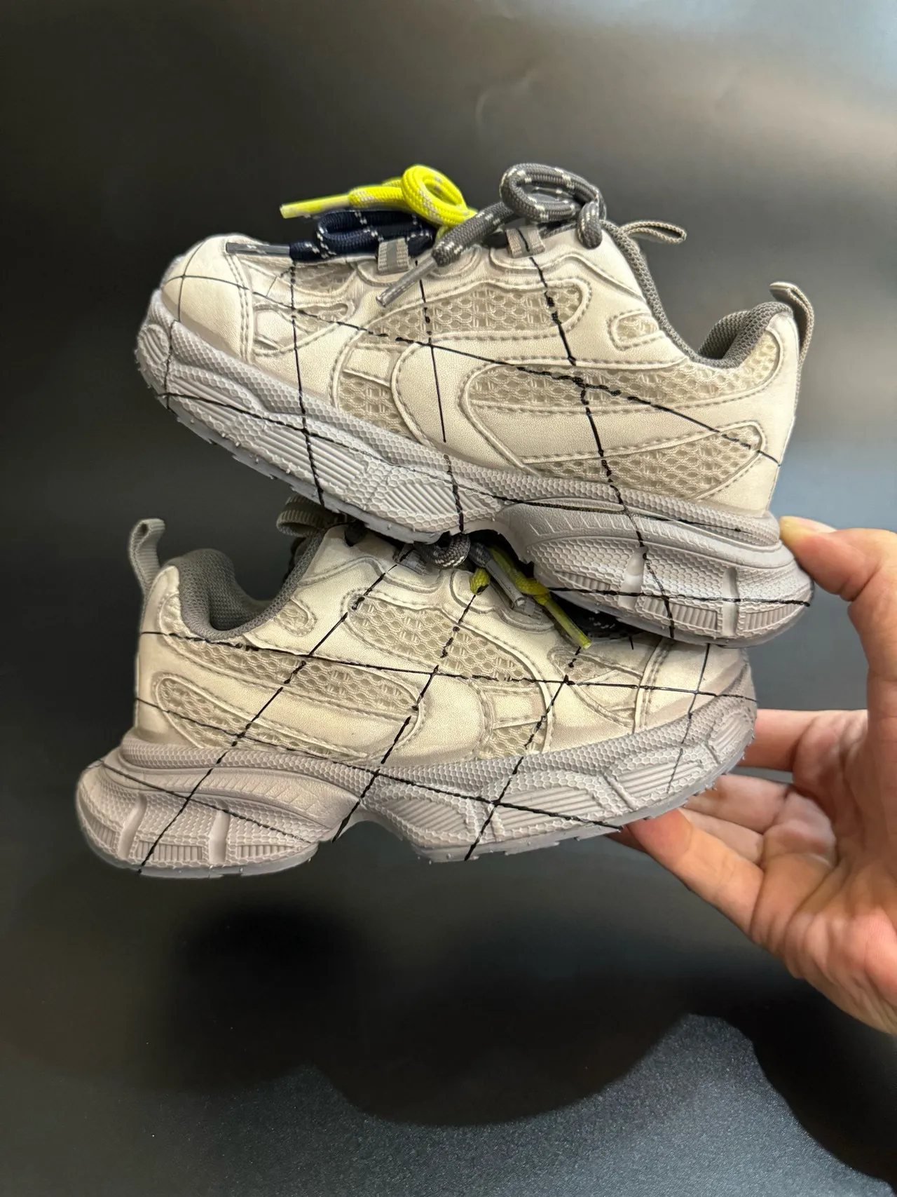 Gray Black Oversized Sole Grid-Stitched Overlay Chunky Sneakers 11