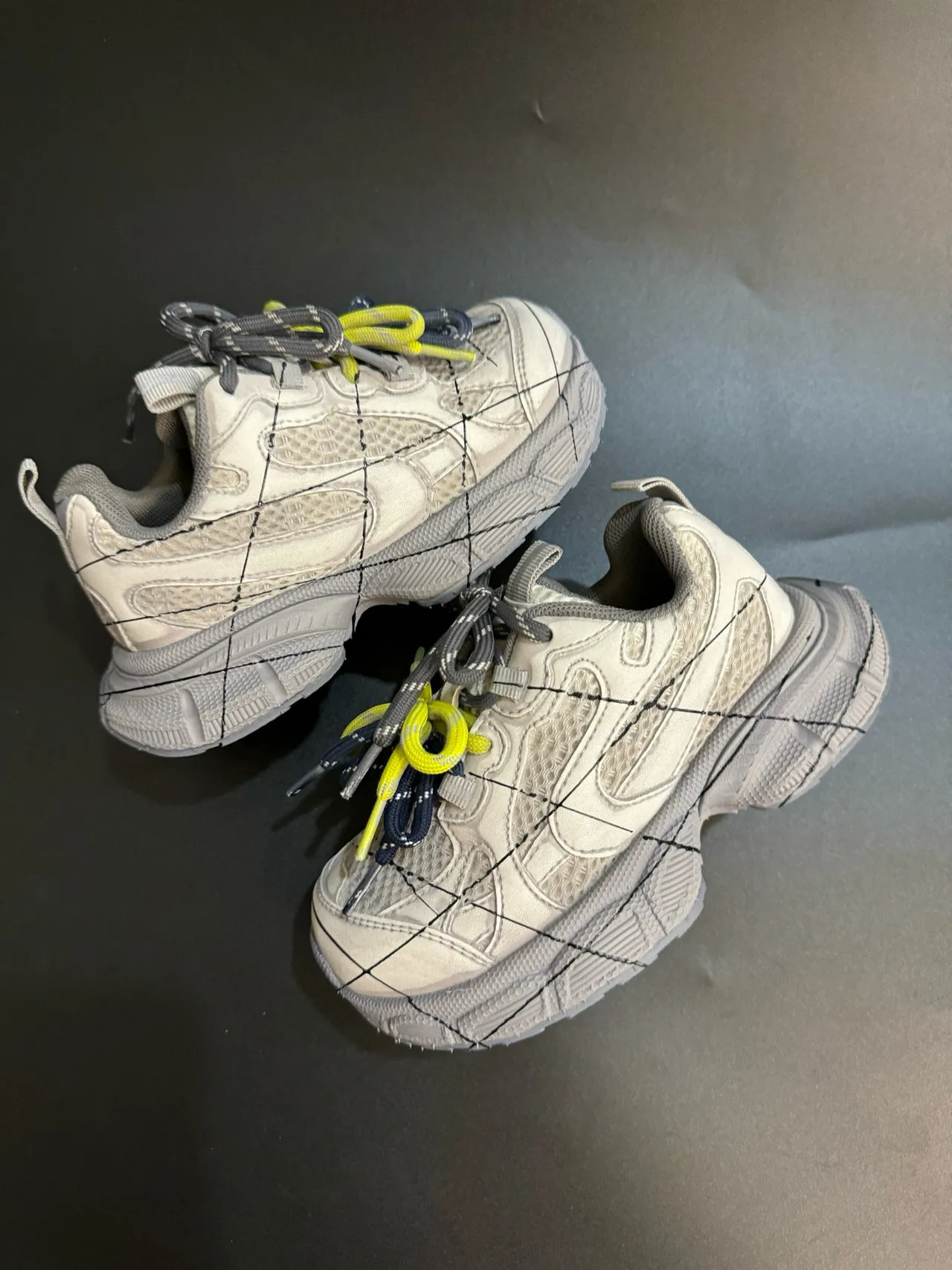 Gray Black Oversized Sole Grid-Stitched Overlay Chunky Sneakers 12