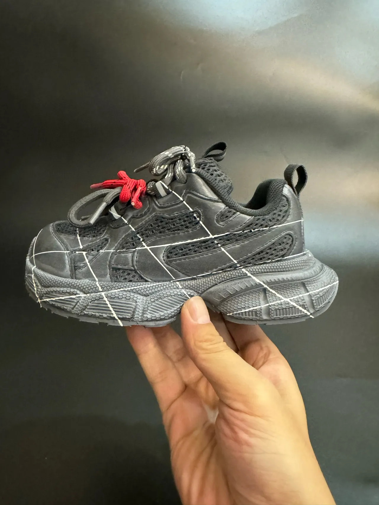 Gray Black Oversized Sole Grid-Stitched Overlay Chunky Sneakers 13