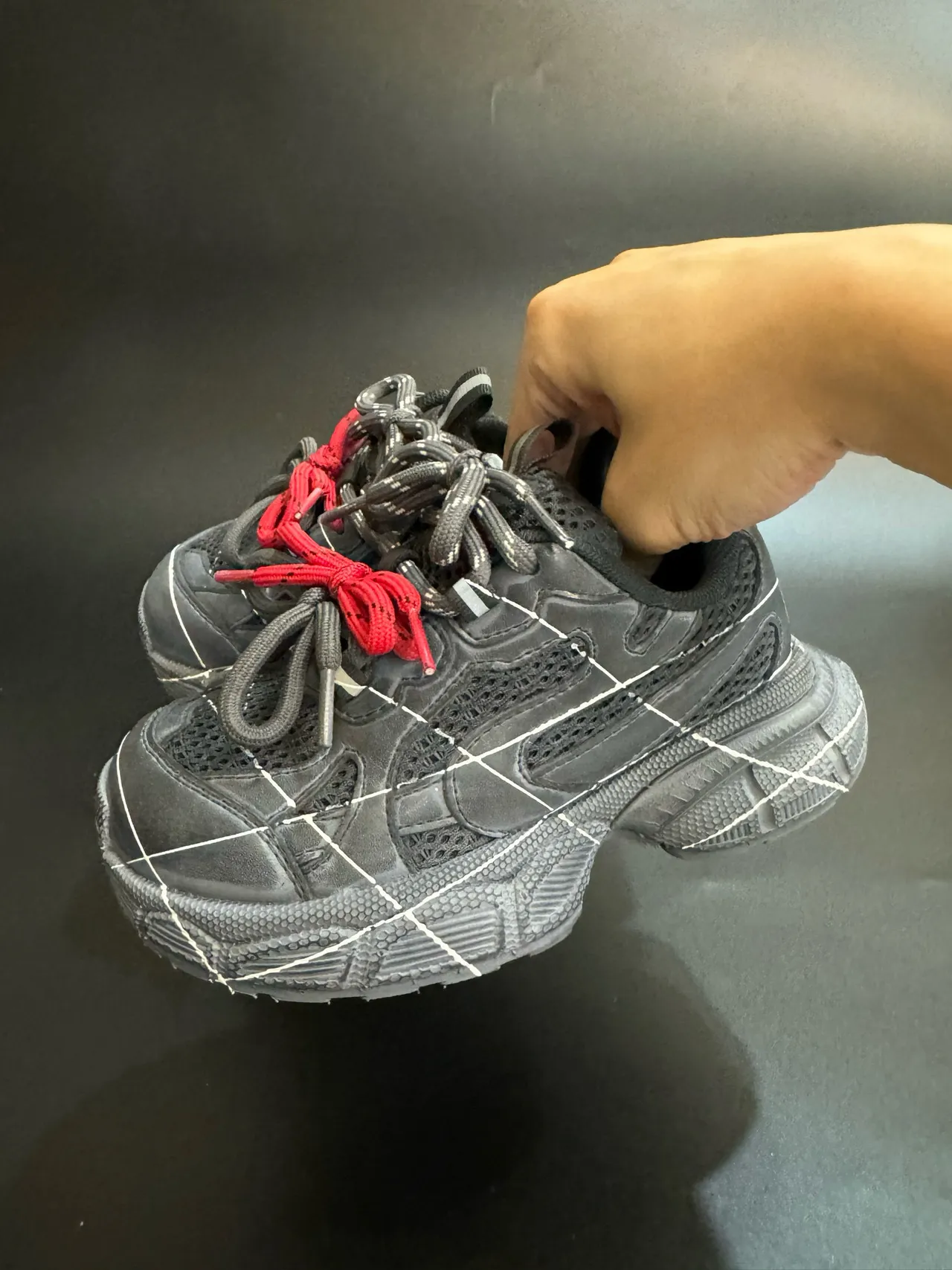 Gray Black Oversized Sole Grid-Stitched Overlay Chunky Sneakers 14