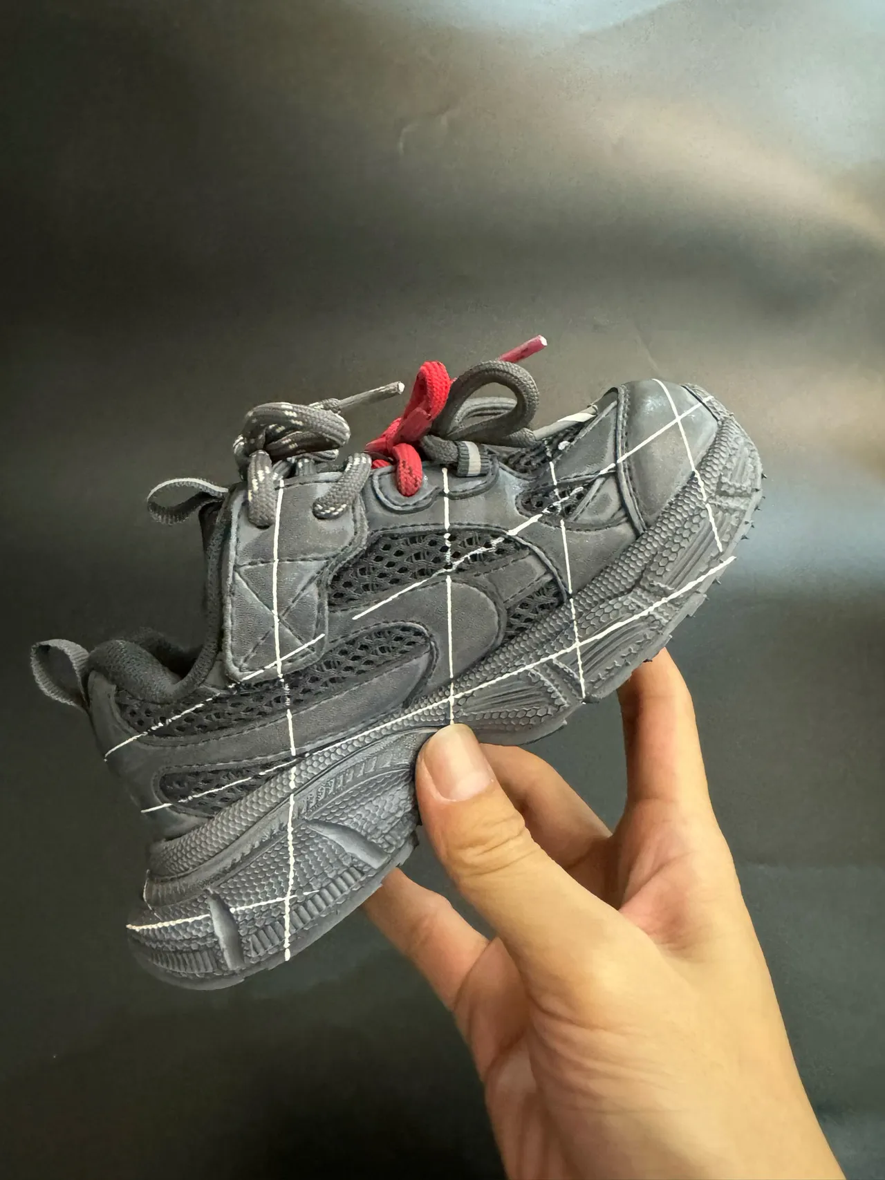 Gray Black Oversized Sole Grid-Stitched Overlay Chunky Sneakers 15