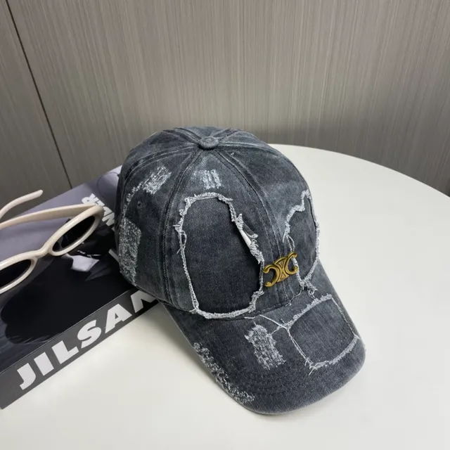 Gray Gold Distressed Denim Frayed Edge Detailing Baseball Cap 4