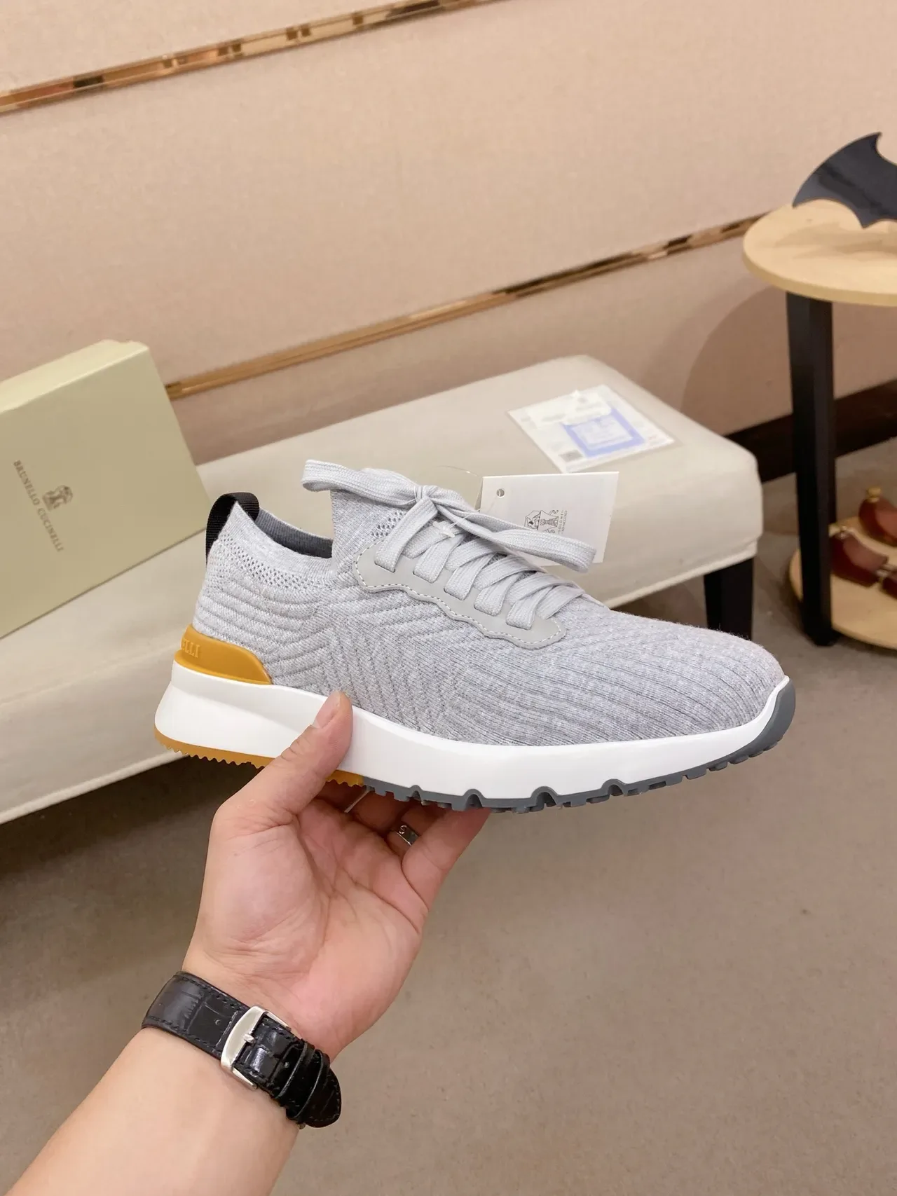 Gray Orange Knit Upper Layered Midsole Sneakers 4