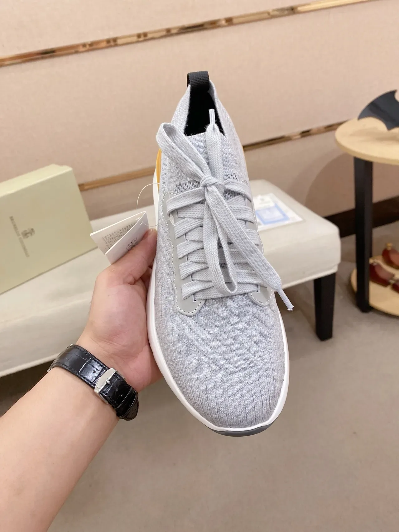 Gray Orange Knit Upper Layered Midsole Sneakers 5