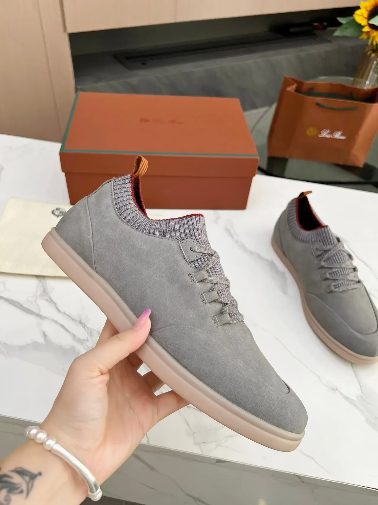 Gray Red Suede Upper Knit Sock Collar Lifestyle Sneakers 2
