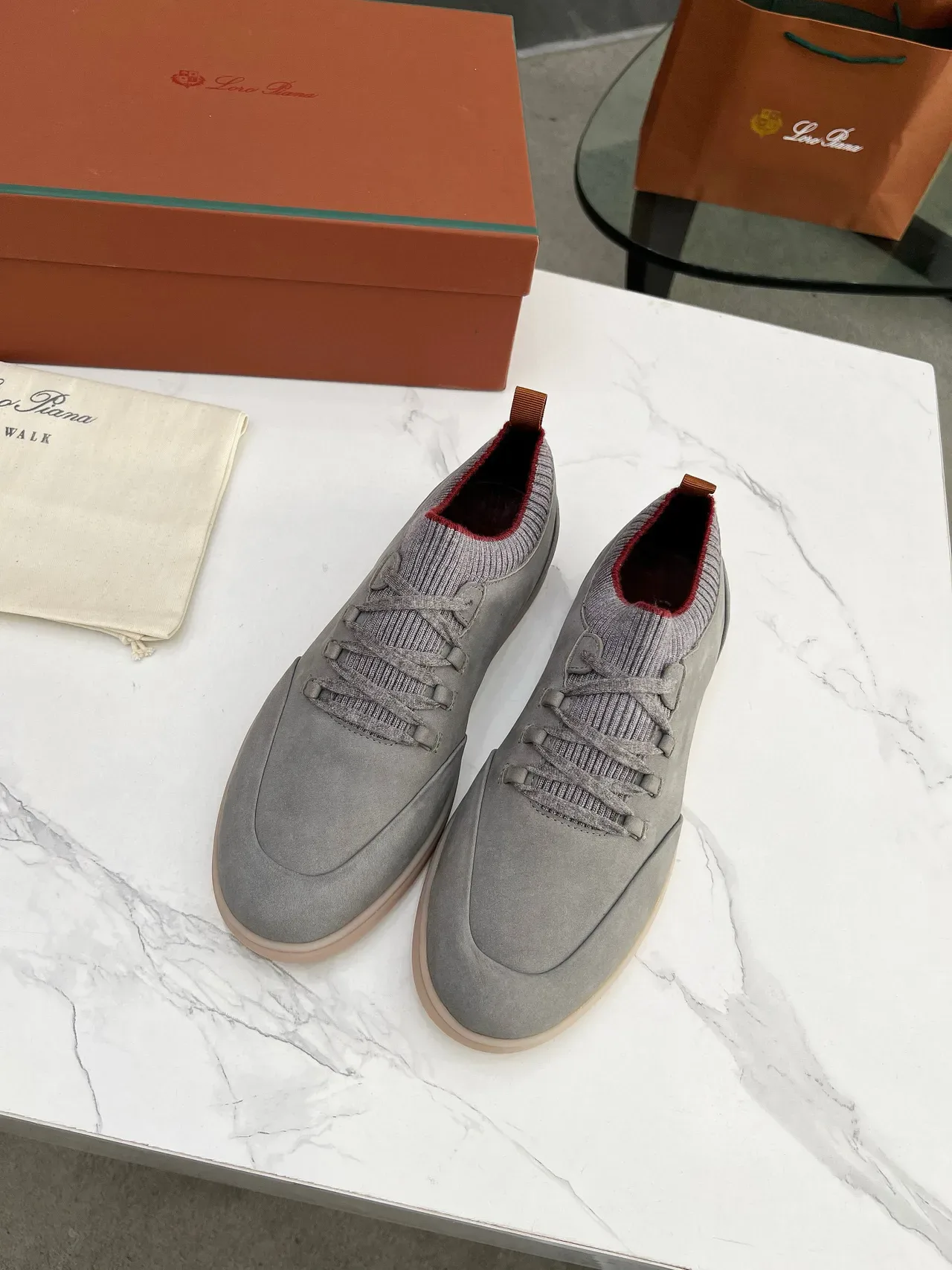 Gray Red Suede Upper Knit Sock Collar Lifestyle Sneakers 4