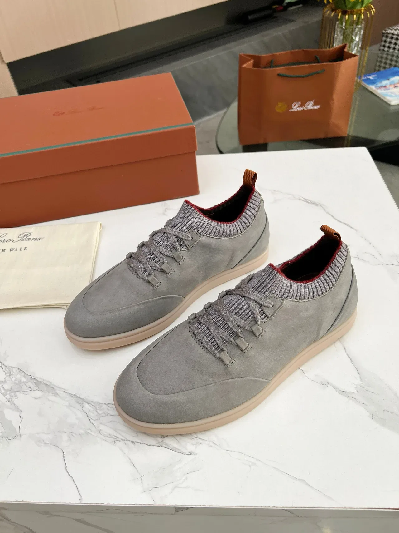 Gray Red Suede Upper Knit Sock Collar Lifestyle Sneakers 5