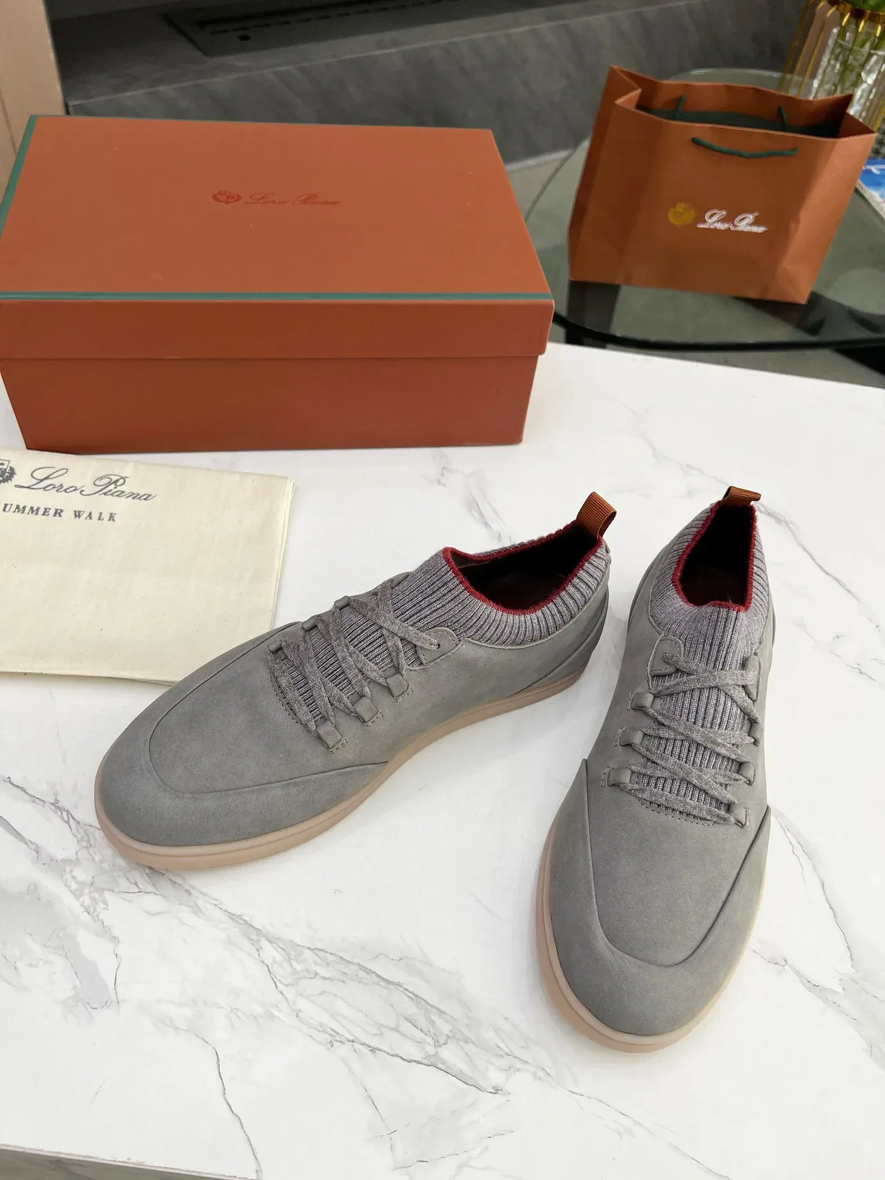 Gray Red Suede Upper Knit Sock Collar Lifestyle Sneakers 6