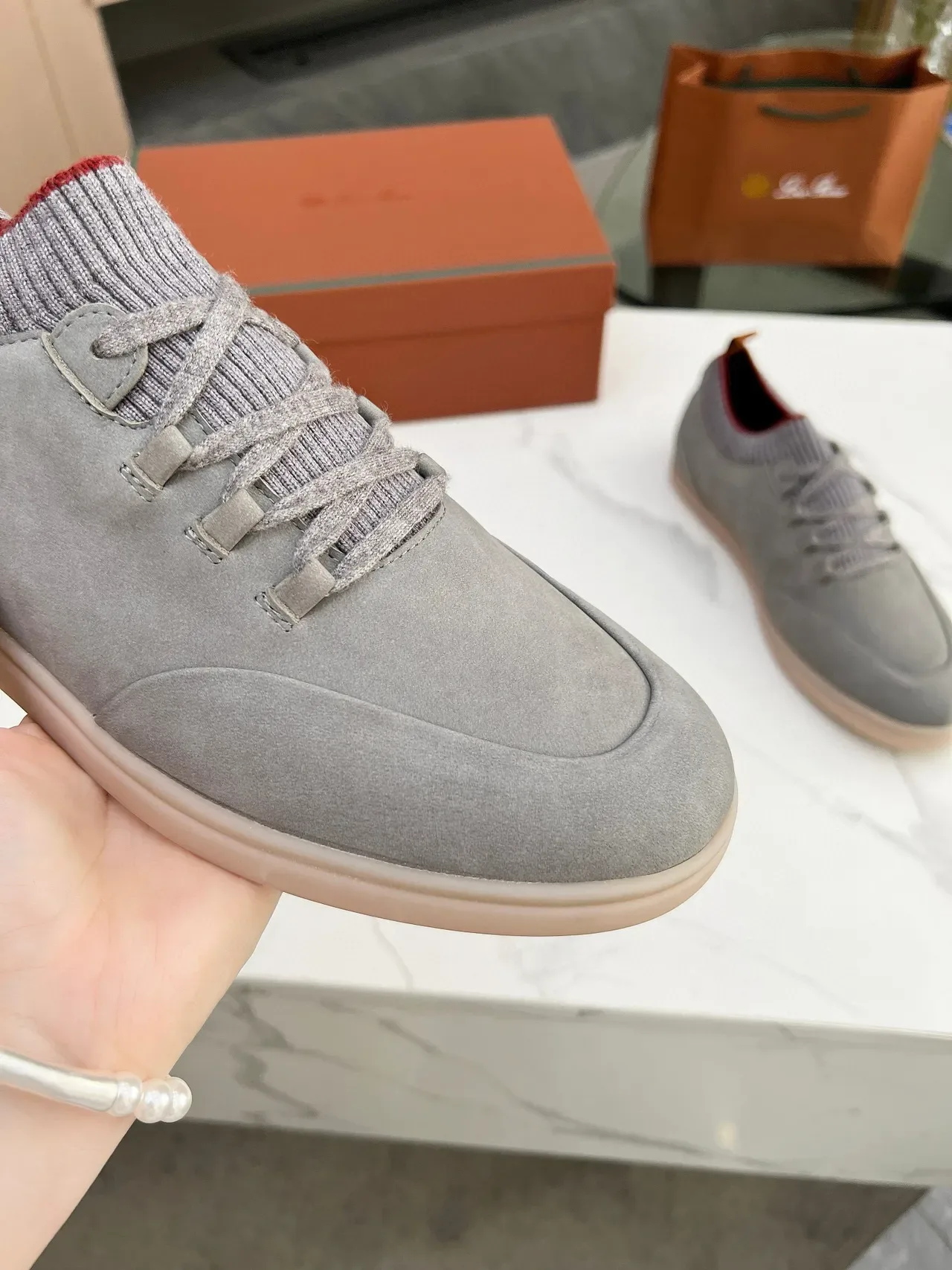 Gray Red Suede Upper Knit Sock Collar Lifestyle Sneakers 8