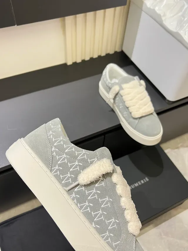 Gray White Suede Upper Fuzzy Strap Closure Sneakers 2