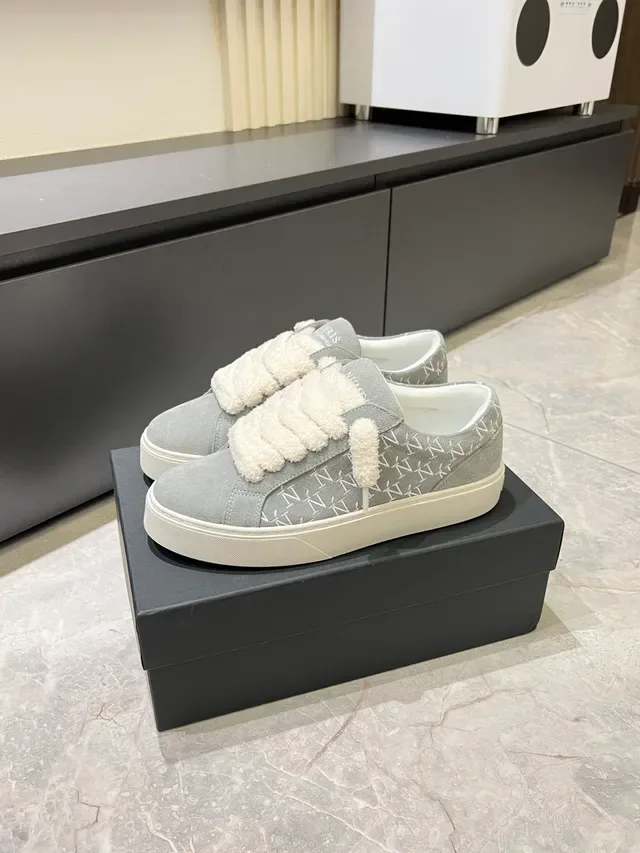 Gray White Suede Upper Fuzzy Strap Closure Sneakers 5