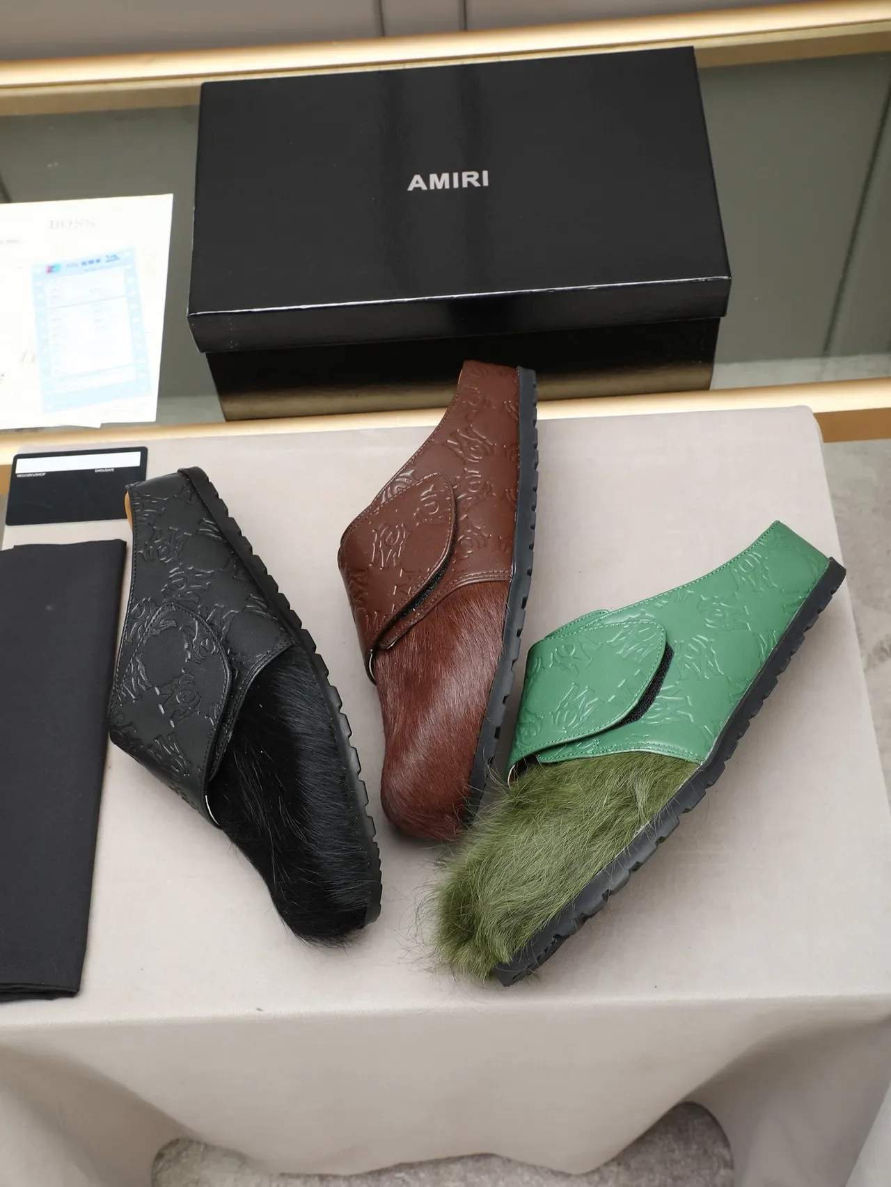Green Brown Embossed Strap Fur Vamp Casual Shoes 2