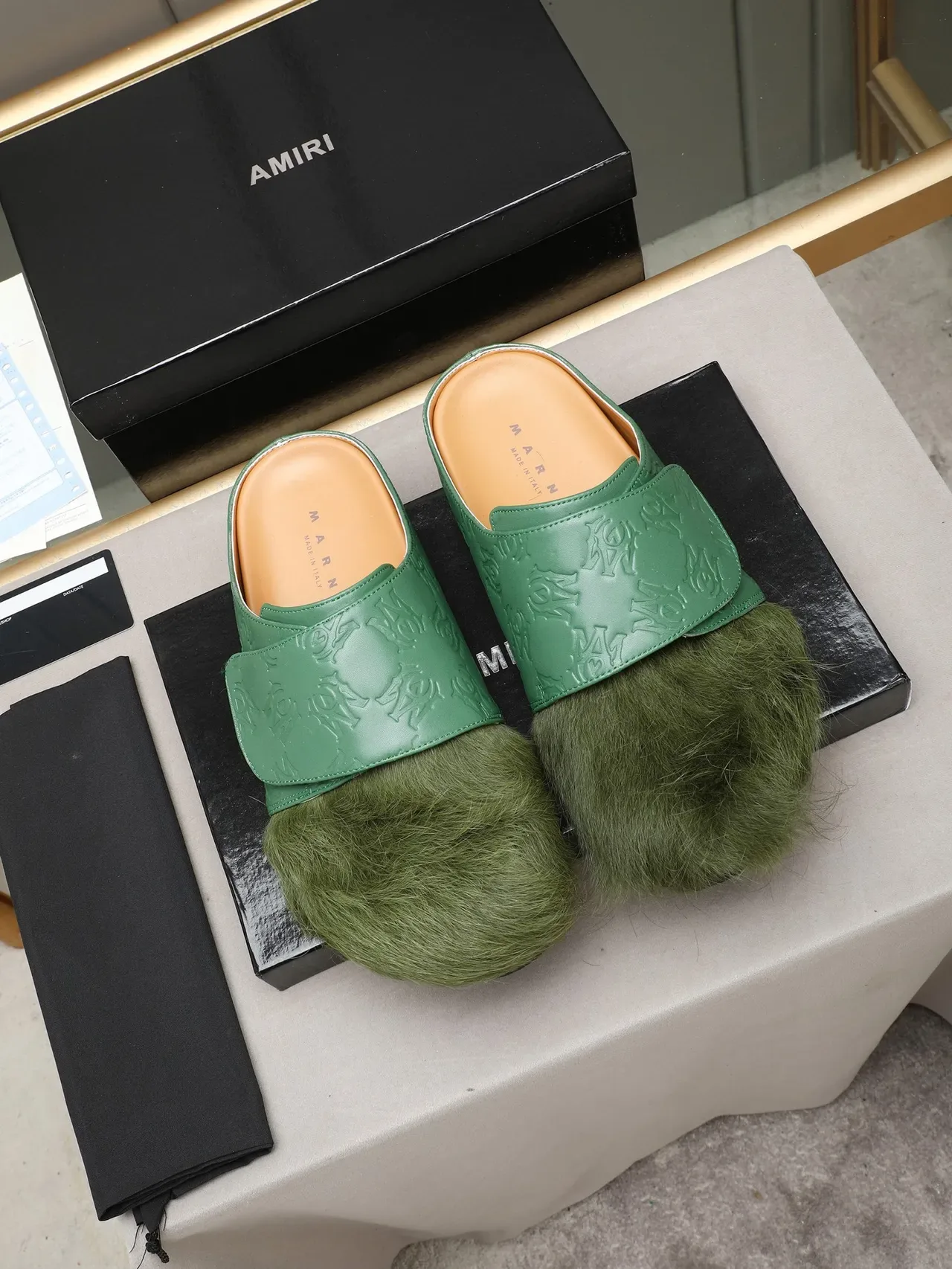Green Brown Embossed Strap Fur Vamp Casual Shoes 3