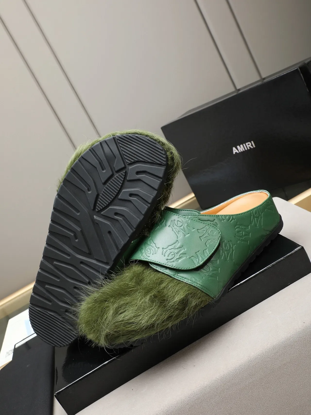 Green Brown Embossed Strap Fur Vamp Casual Shoes 6