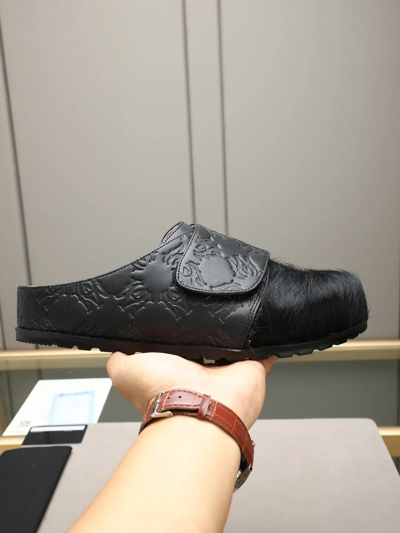 Green Brown Embossed Strap Fur Vamp Casual Shoes 10