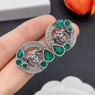 Green Silver Medusa Head Motif Greek Key Border Earrings