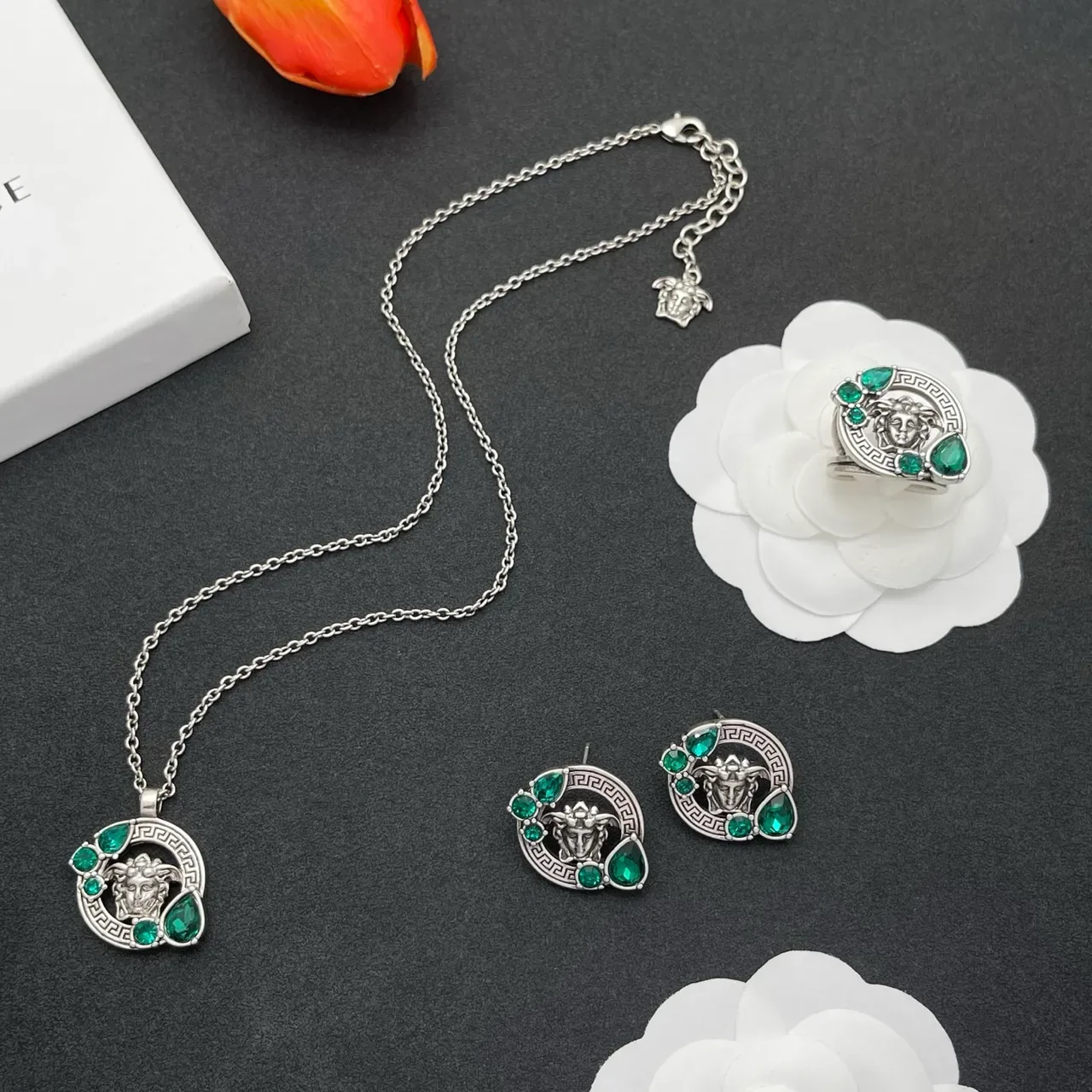 Green Silver Medusa Head Motif Greek Key Border Earrings 2