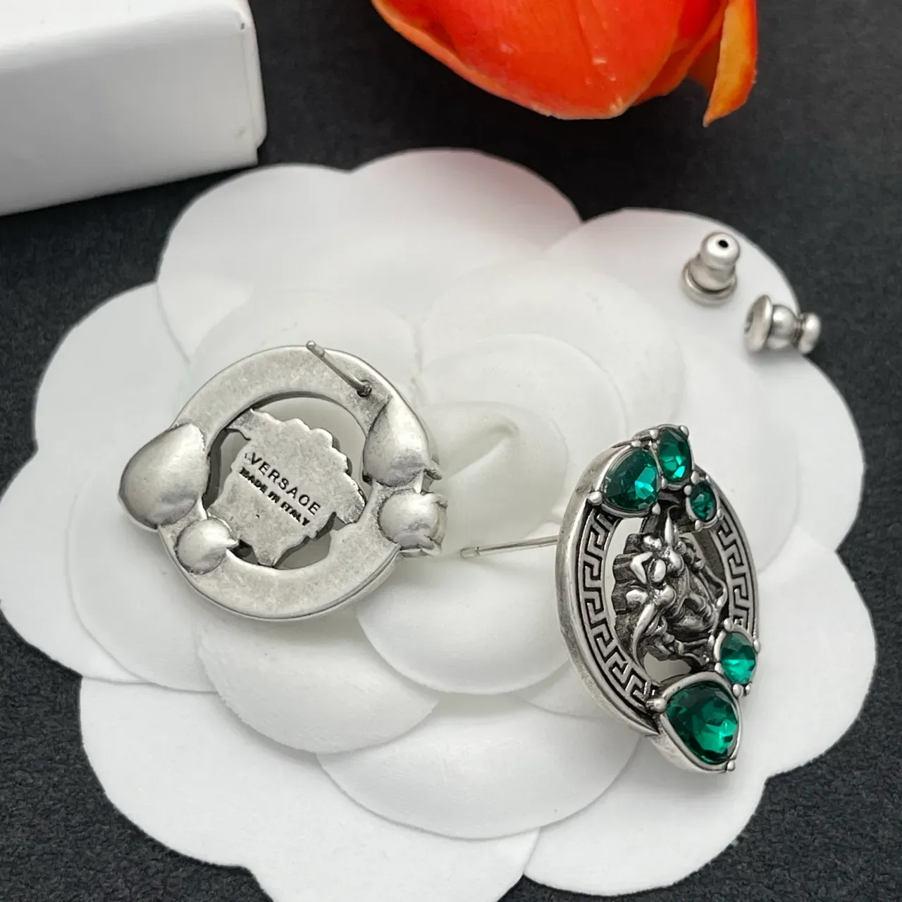 Green Silver Medusa Head Motif Greek Key Border Earrings 4