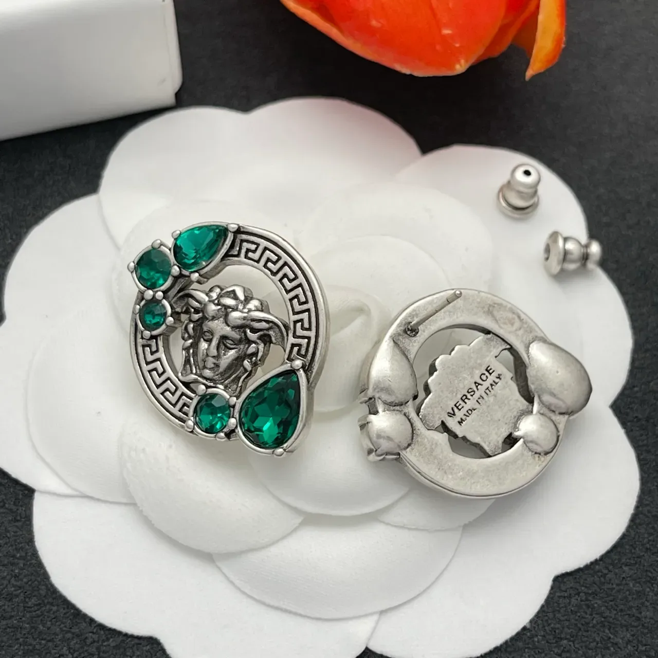 Green Silver Medusa Head Motif Greek Key Border Earrings 5