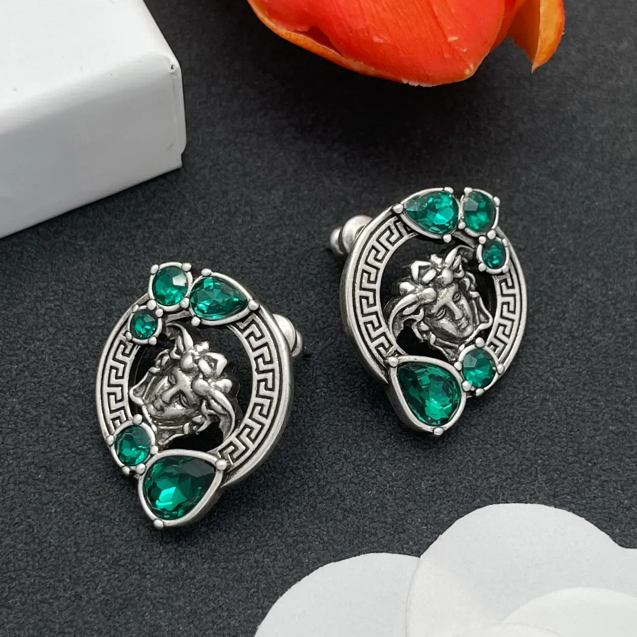 Green Silver Medusa Head Motif Greek Key Border Earrings 6