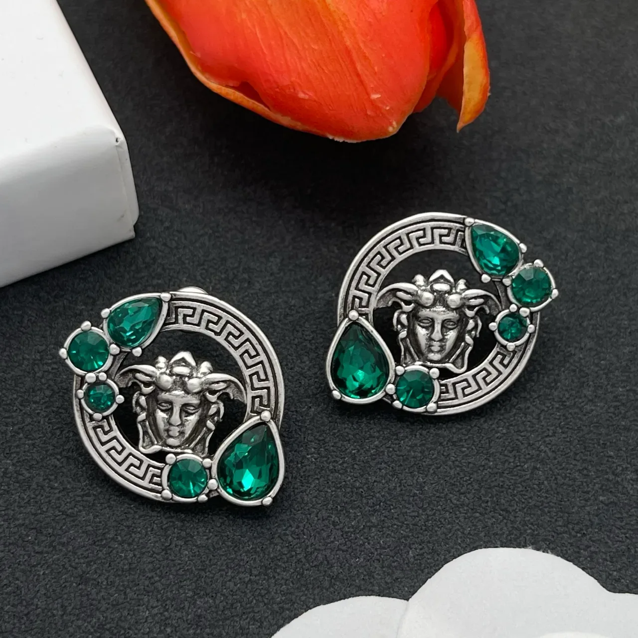Green Silver Medusa Head Motif Greek Key Border Earrings 7