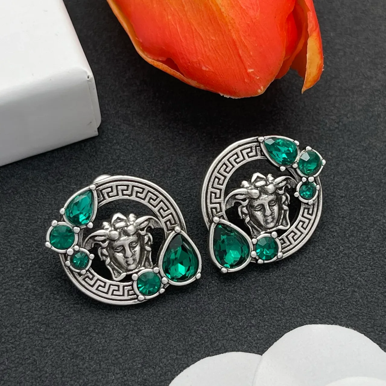 Green Silver Medusa Head Motif Greek Key Border Earrings 8