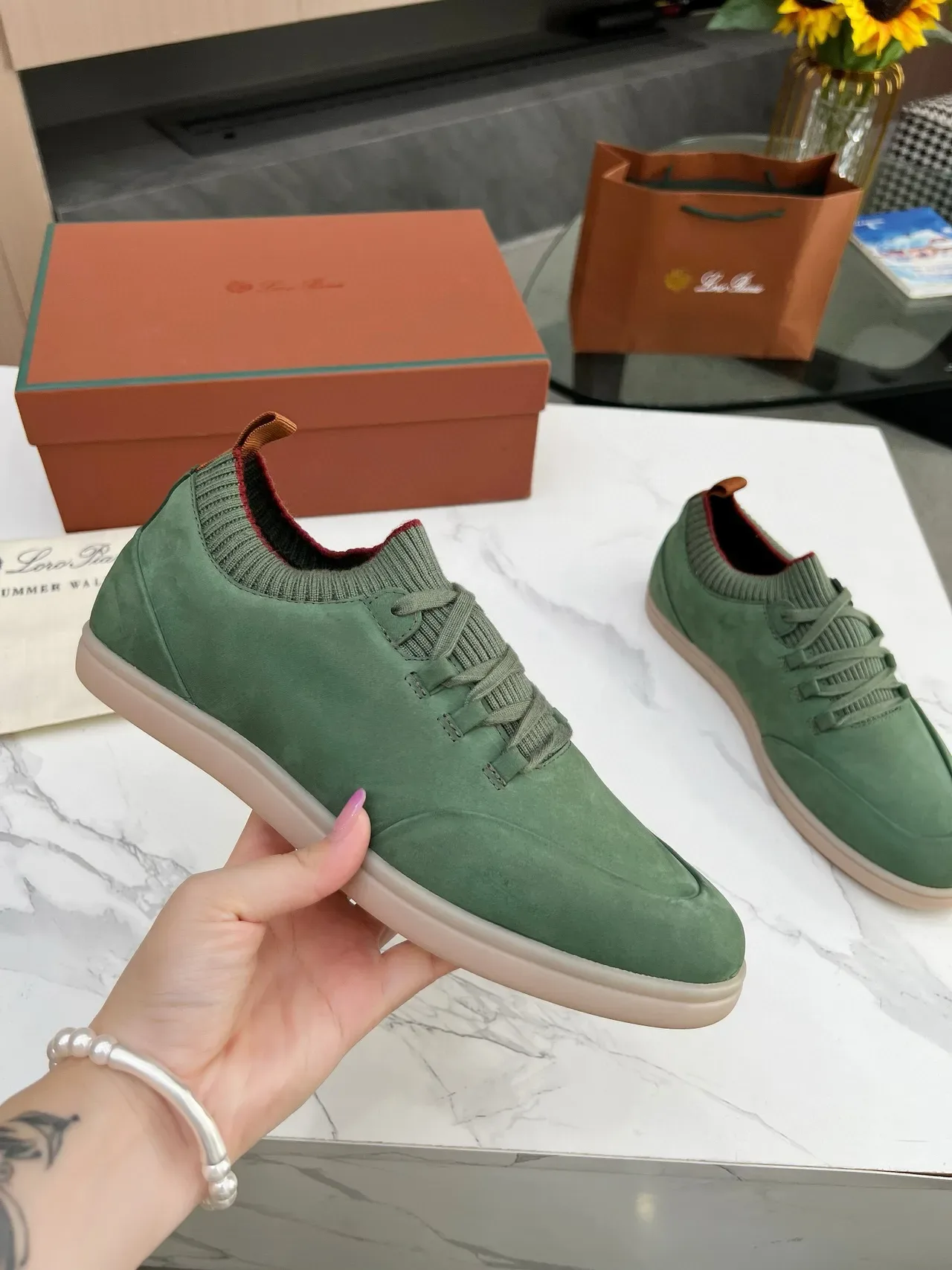 Green Suede Knit-Collar Low-Top Lifestyle Sneakers 2