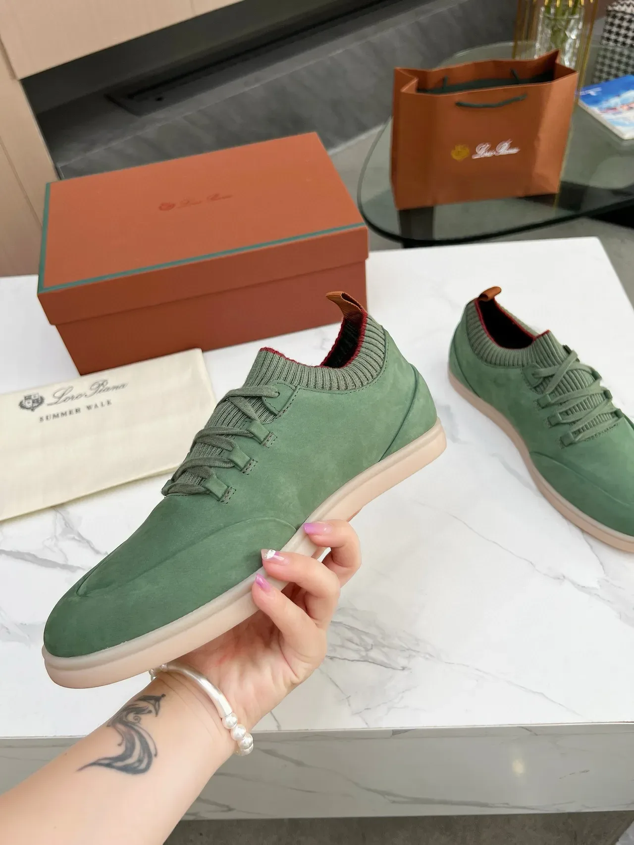 Green Suede Knit-Collar Low-Top Lifestyle Sneakers 3